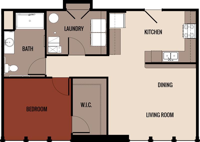 1x1 703-824 square foot floor plan at Horicon School Apartments